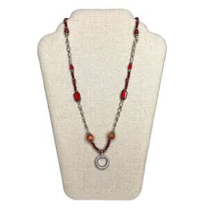 Vintage Chain and Beaded Necklace Silver Tone Red and Wooden Beads
